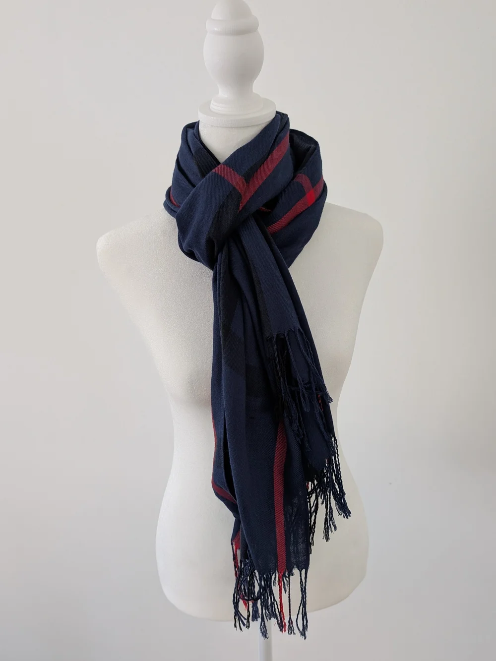 Classic Scarf Navy Red Plaid Fringe Edges Oversized Shawl 65